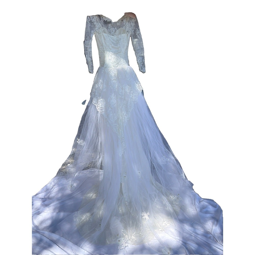 1950s Satin & Lace Wedding Gown Pearl Beaded Long Train Custom Tiara Veil